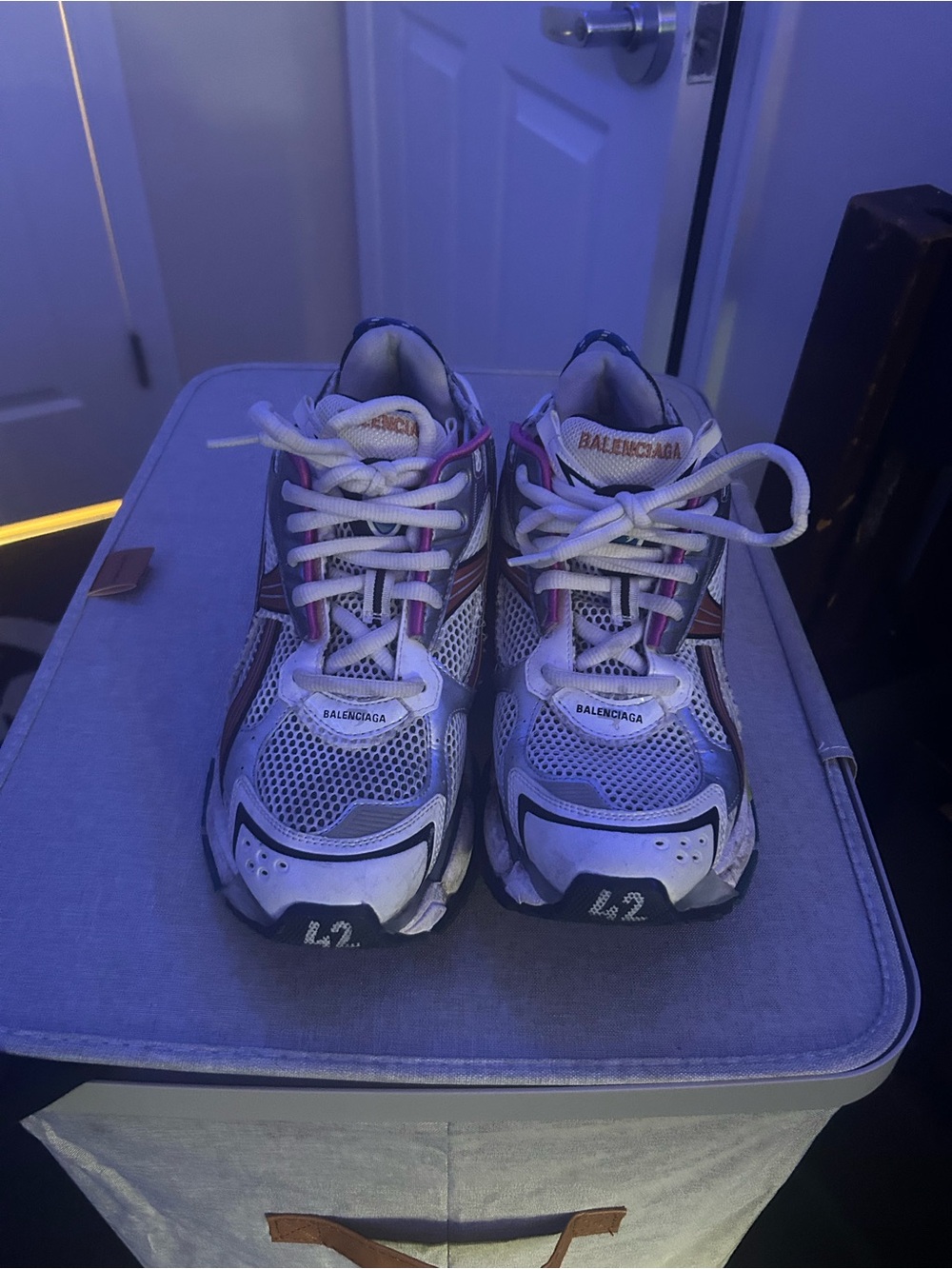 Balenciaga Mens White, Pink and Silver Chunky Runner Sneakers